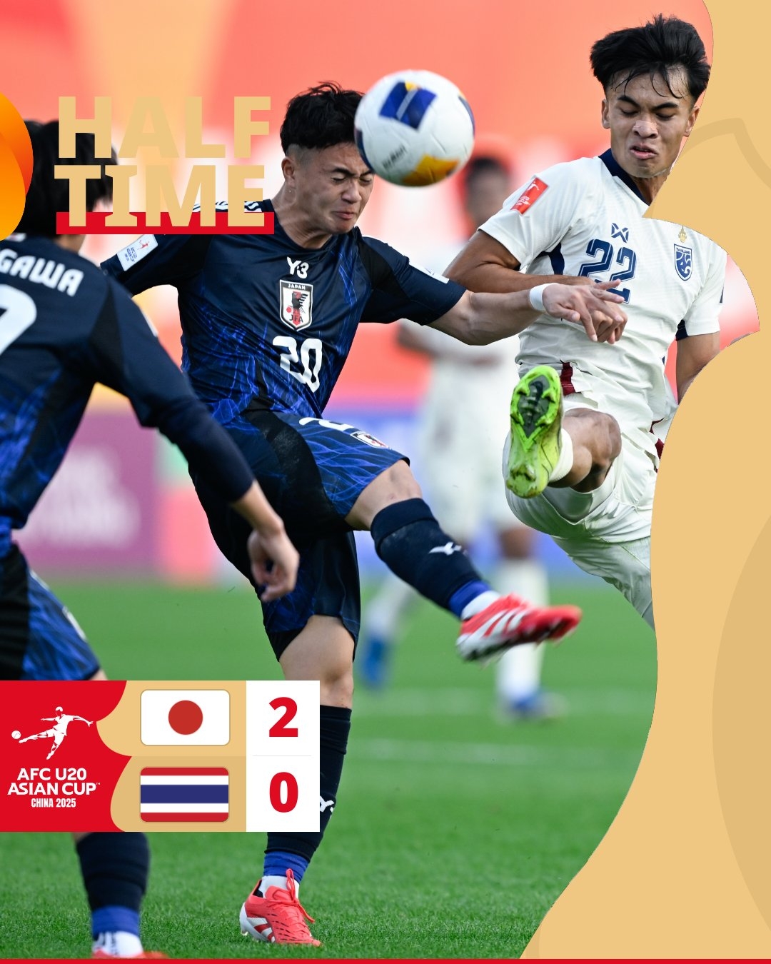  半場(chǎng)-日本U20 2-0領(lǐng)先泰國(guó)U20，石井久繼破門+中柱 泰國(guó)0射正