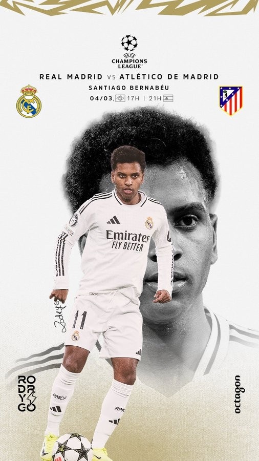  歐冠馬德里德比！羅德里戈曬個(gè)人海報(bào)：伯納烏見，HALA MADRID