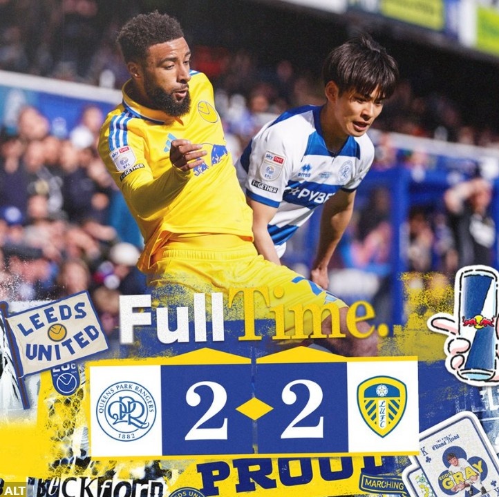  英冠榜首利茲聯(lián)連追兩球2-2戰(zhàn)平QPR，近4輪僅1勝領(lǐng)先優(yōu)勢縮小
