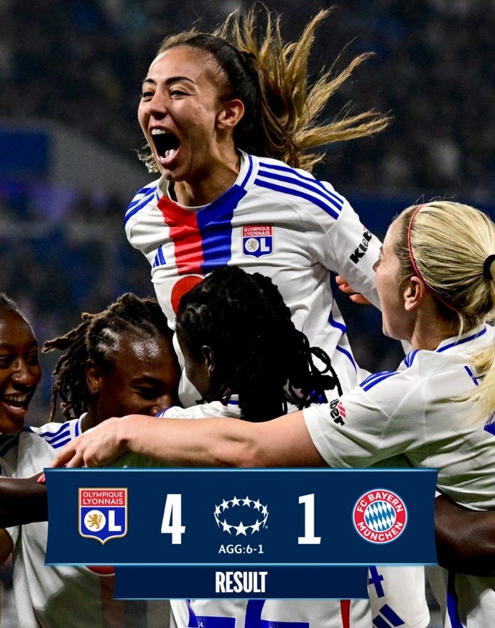  里昂女足4-1大勝拜仁女足，總比分6-1晉級(jí)女足歐冠半決賽