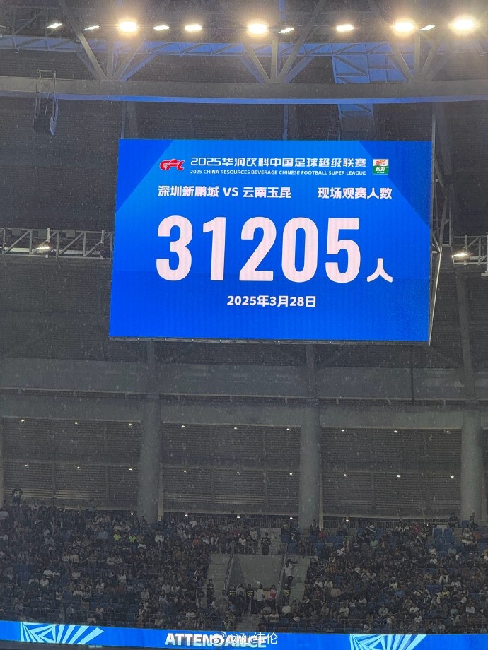  新鵬城新賽季首個主場現(xiàn)場觀眾31205人，為隊(duì)史最高上座人數(shù)